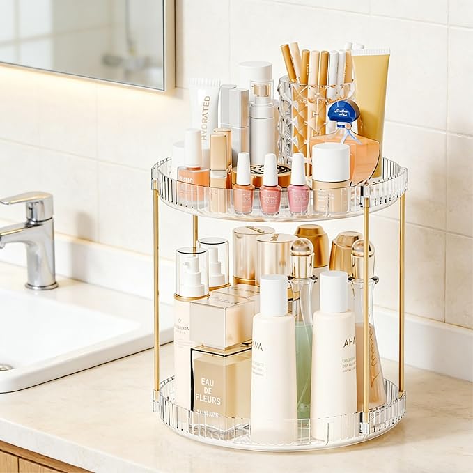 Yieach Acrylic 360 Rotating Makeup Organizer and Perfume Organizer,2 Tier Make Up Holder and Acrylic Skincare Organizers for Countertop,Vanity,Bathroom,Clear Spinning Beauty Organizer for Face Product