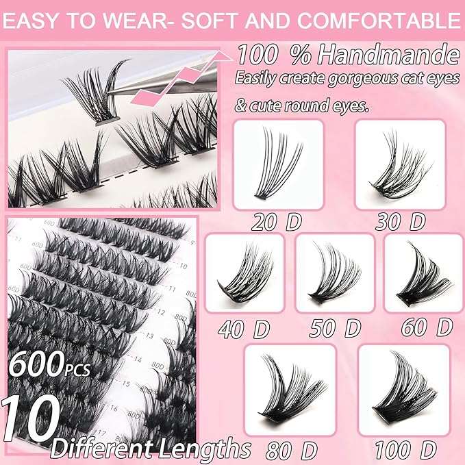 Lash Clusters Kit, 600 Pcs Eyelashes Clusters Extensions Kit 9-18mm Individual Lashes D Curl Fluffy Wispy False Eyelashes, with Bond Seal Remover Tweezers Brush DIY (20D+30D+40D+50D+60D+80D Kit)