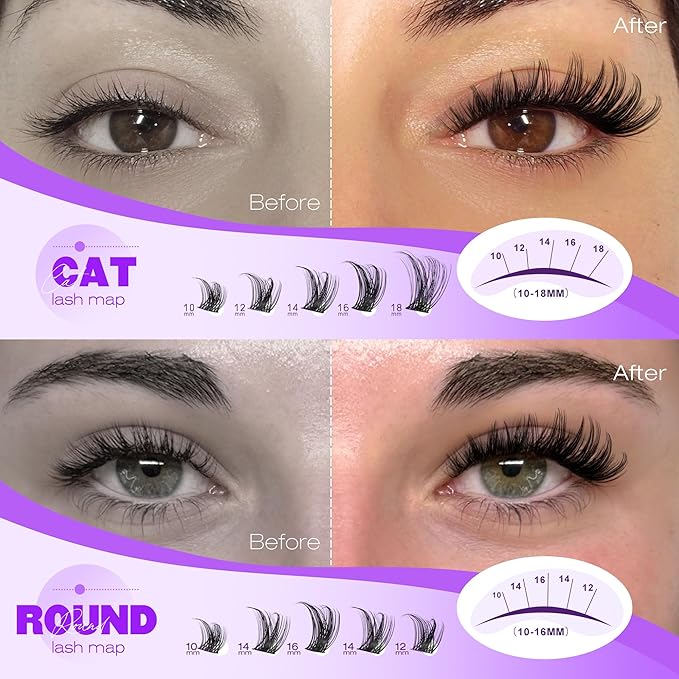 Pawotence Kira Lash Clusters Wispy Cluster Eyelash Extensions 10-18mm Individual Lashes Cluster Lashes Extension Soft Comfortable Eyelash Clusters with Thin Band for DIY at Home