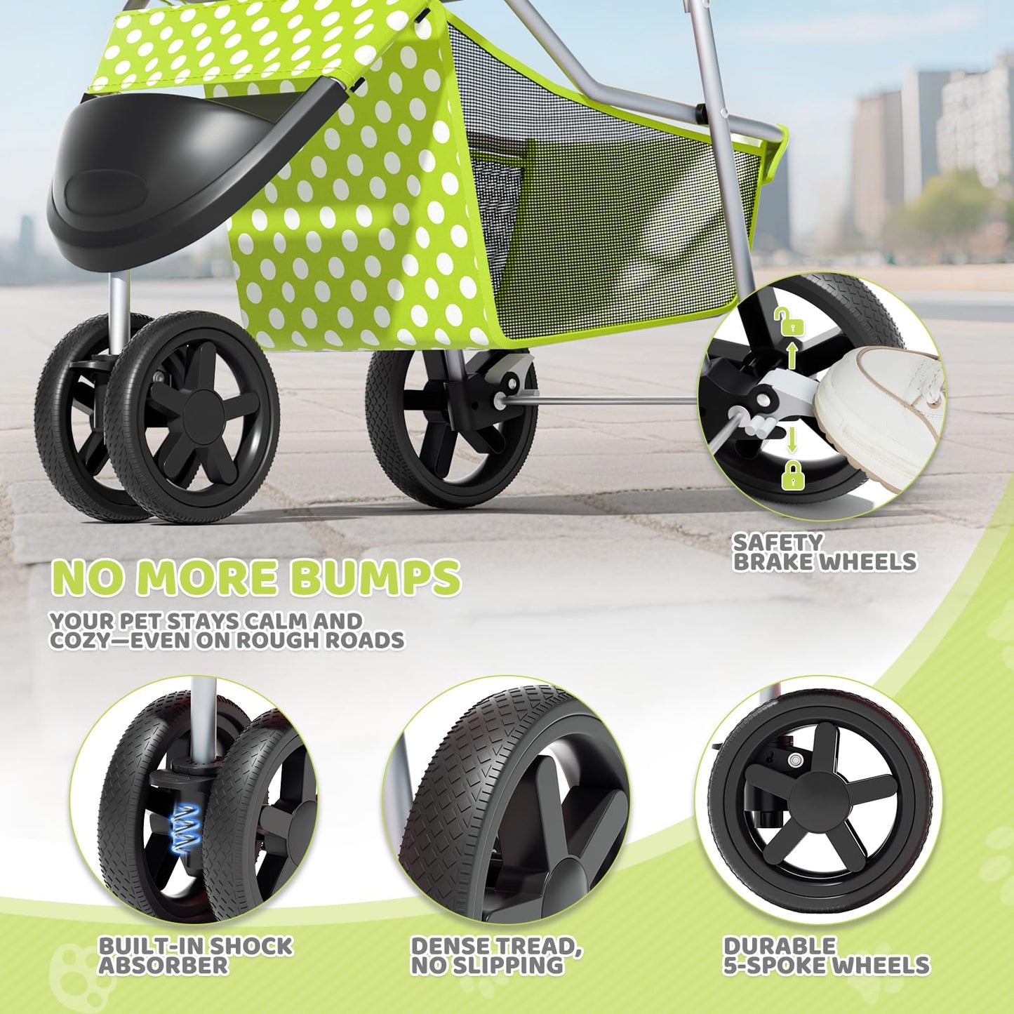 Magshion 3-Wheel Pet Stroller, Foldable Travel Jogger for Small & Medium Dogs & Cats (Up to 33lbs), Lightweight Carrier with Breathable Mesh Cover, Cup Holder & Storage Basket, Lawn Green Polka Dots