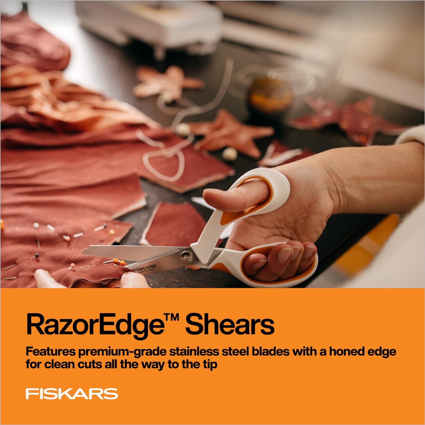 Fiskars RazorEdge Fabric Scissors, Heavy Duty Fabric Shears, Ultra-Sharp Stainless Steel Blades & SoftGrip Ergonomic Handle, 8”, White/Orange