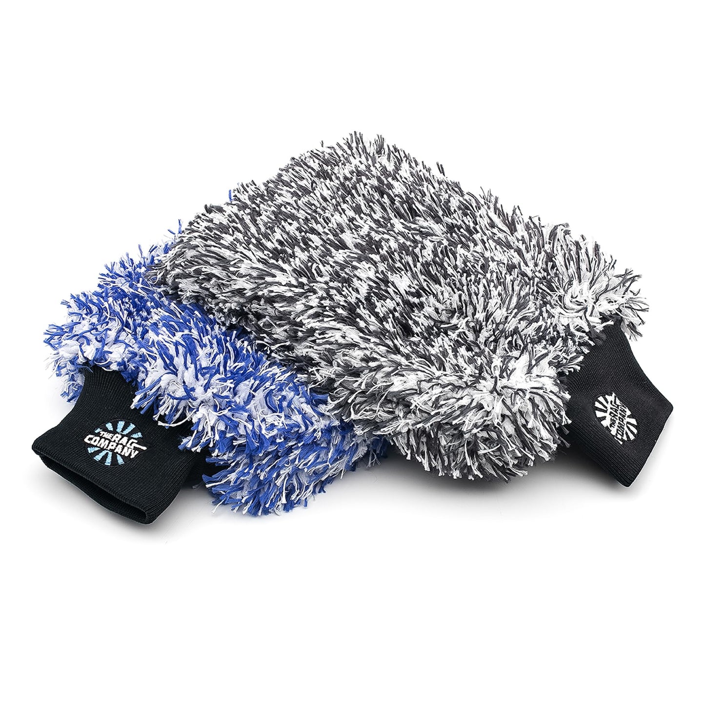 The Rag Company - The Cyclone Ultra Wash Mitts - 70/30 'Gauntlet' Blend Korean Microfiber, Foam Padding, Scratch-Free, Lint-Free, Great for Rinseless Washing, 8in x 9in, Blue + Black (2-Pack)