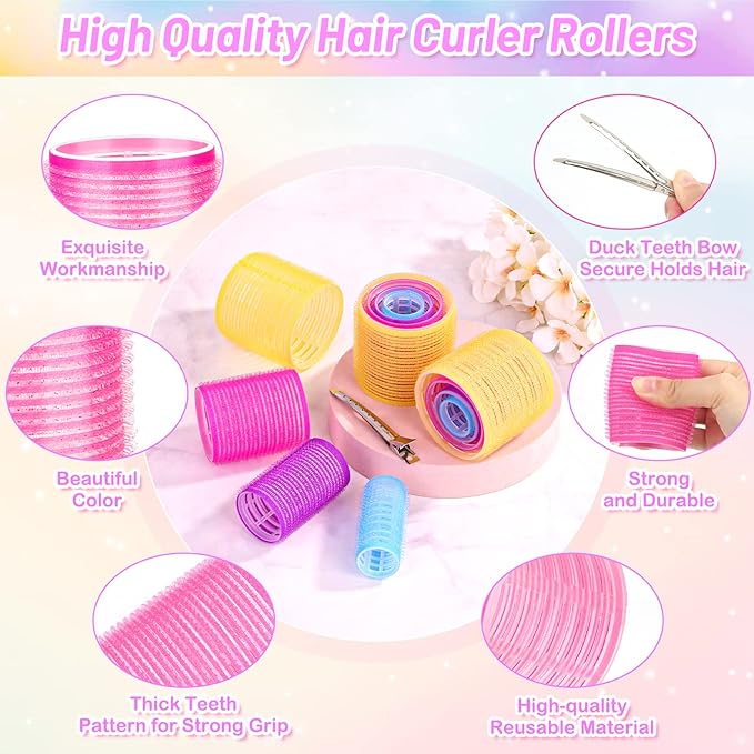 46pcs Hair Curlers Rollers, Cludoo Jumbo Big Hair Roller Sets with Stainless Steel Duckbill Clip, 4 Size Self Grip Hair Curlers Rollers for Long Medium Short Thick Fine Thin Hair Bangs Volume