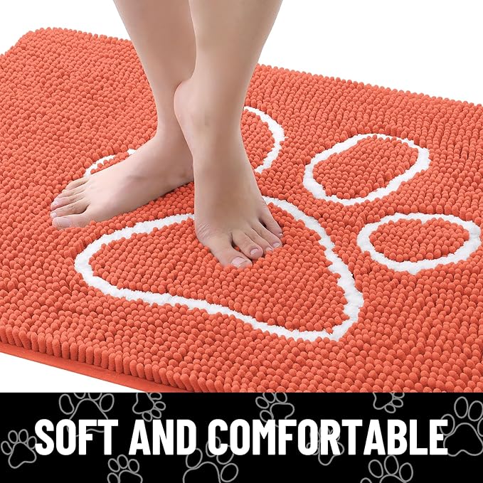Smiry Dog Door Mat for Muddy Paws, Absorbent Dirt Trapper Non Slip Quick Dry Washable Chenille Mat for Mud Dogs, Entry Rug for Indoor and Outdoor (36x24 Inches, Coral and White)