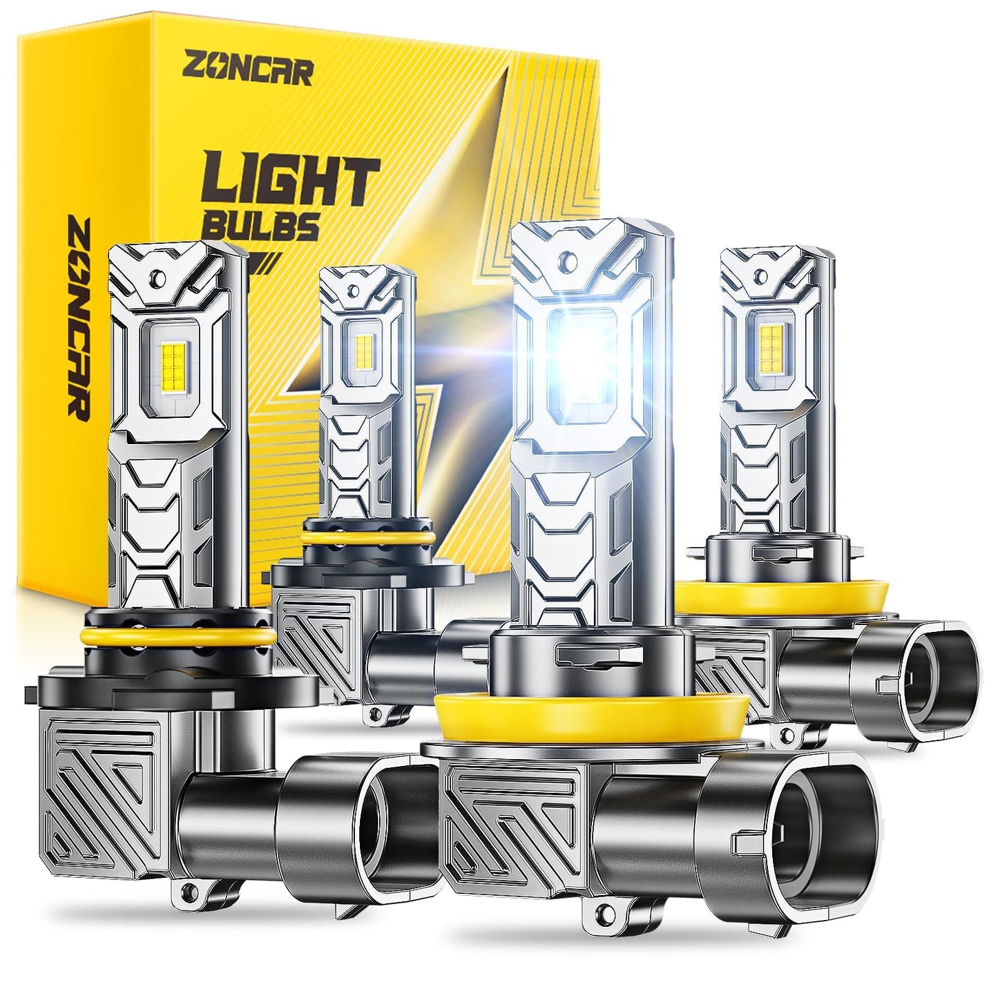 ZonCar 9005 H11 Fog Light Bulbs Combo, 10X Brighter 120000LM 6500K White HB3 H8 Driving Light Bulbs, 1:1 Size Plug N Play, 60,000hrs Long Lifespan, No Flicker, 99% Compatibility, Box of 4