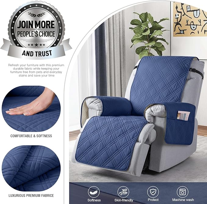 TAOCOCO 100% Waterproof Recliner Chair Cover, Non Slip Recliner Covers for Reclining Chair with Pocket, Washable Reclining Chair Cover Furniture Protector for Kids, Pets(Recliner Chair, Ocean Blue)