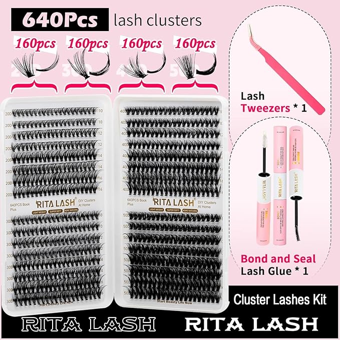 RITALASH Lash Extension Kit 20D+30D+40D+50D DIY Lash Clusters 640pcs Cluster Lashes Individual Lashes Eyelash Extension Kit with Lash Bond and Seal,Lash Tweezers(20D+30D+40D+50D Kit,10-16mm Mixed)