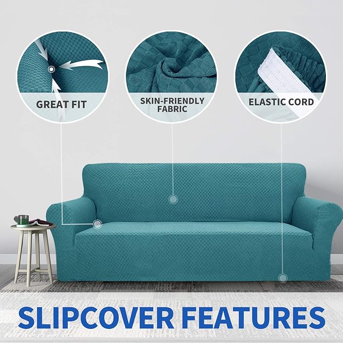 ZNSAYOTX 1 Piece Jacquard Couch Covers for 3 Cushion Couch High Stretch Sofa Cover for Pets Dogs Anti Slip Extra Large Sofa Slipcovers Furniture Protector (XL Sofa, Peacock Blue)
