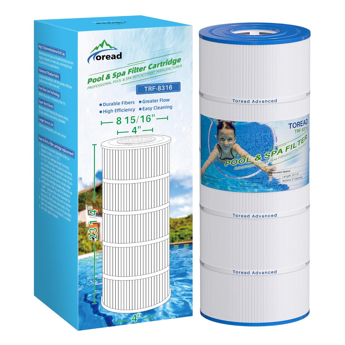 TOREAD PXST150 Pool Filter Replaces Hayward X-Stream CC1500, CCX1500-RE, Pleatco PXST150, Ultral-B3, Unicel C-8316, Filbur FC-1286, Waterway Pro Clean 150,150 Sq.Ft Filter Cartridge, 1 Pack