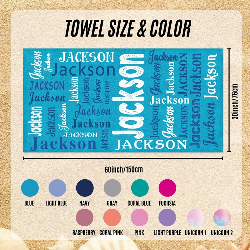 Jecivila Personalized Beach Towel with Name, Custom Microfiber Beach Towels for Kids & Adults, Sand Free Quick Dry Oversized Bath Towel for Pool Swim Travel Camping Summer Vacation Birthday Gift
