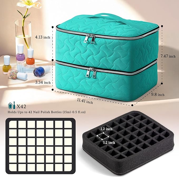 DreamGenius Nail Polish Organizer Case Holds 42 Bottles, Portable Double-Layer Nail Polish Storage Bag with Adjustable Dividers for Manicure Tools, Blue