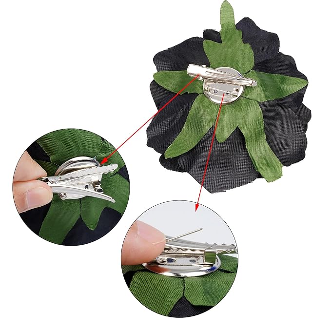 Rose Hair Clip Flower Hairpin Brooch Floral Clips, 4 Pcs Fabric Rose Flowers Hair Clips Mexican Hair Flowers Pin up Headpieces for Woman Girl Wedding Party Mother's Day (Black)