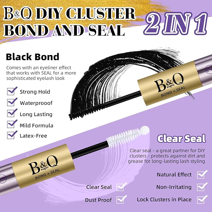 B&Q Lash Cluster Glue 10ML Lash Bond and Seal Waterproof for Eyelash Clusters, Best Lashs Bond and Seal, Professional DIY Lashs Glue Bonds & Seals Long Lasting Strong Hold 2-in-1 Home Use(Bond&Seal)
