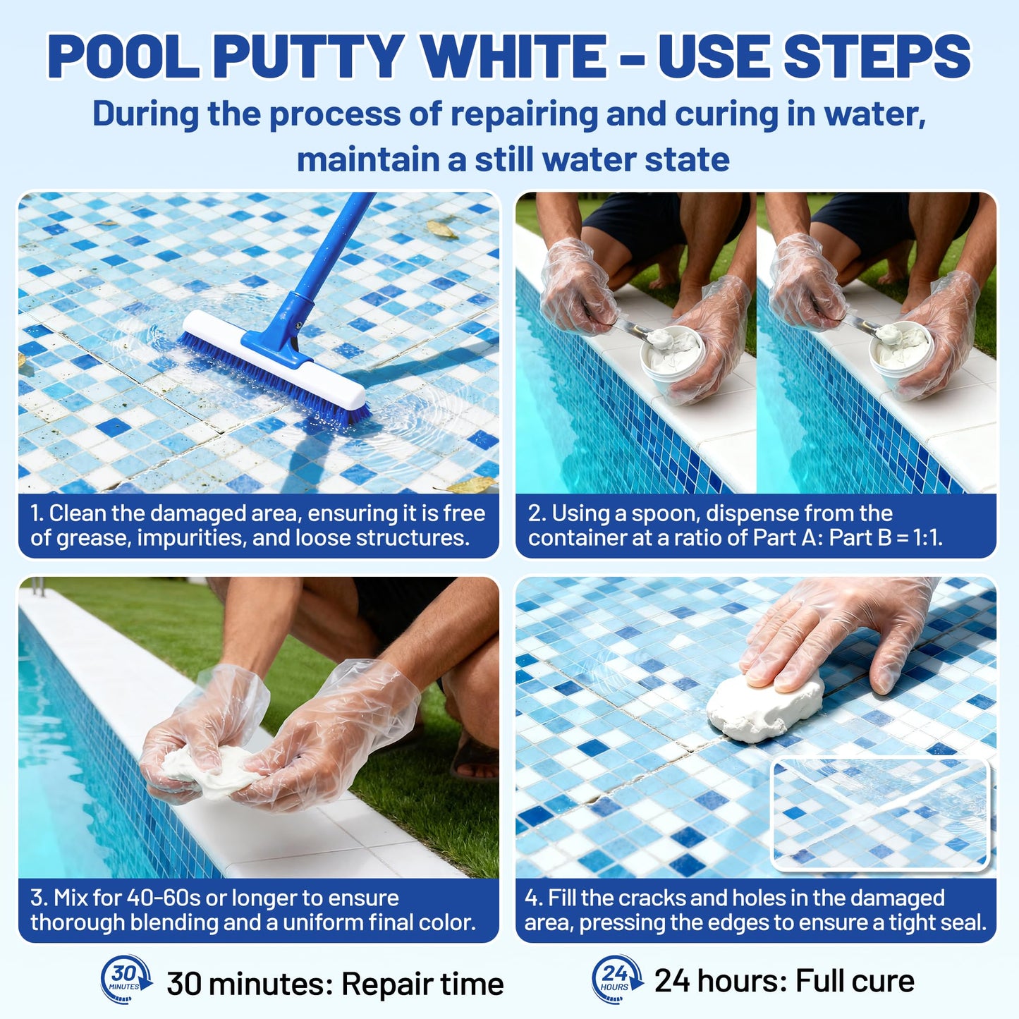 Pool Putty, 17.6oz/500g 2 Part Epoxy Pool Putty for Underwater or Above-Water Crack Leak Filling and Repair, Sealing and Repair of Holes and Damage in Fiberglass, Concrete and Tile Surfaces (White)