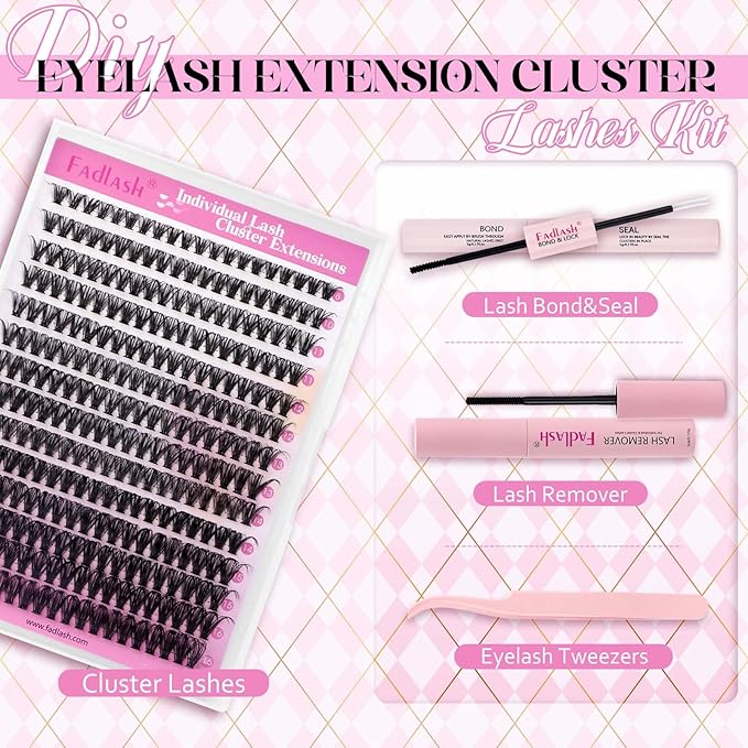 FADLASH Lash Clusters Kit 280PCS Natural Eyelash Clusters Individual Wispy Lash Extensions with Lash Bond and Seal Lash Glue Remover and Lash Tweezer for Beginners DIY at Home (40D-0.07D, 8-16mm, Kit)