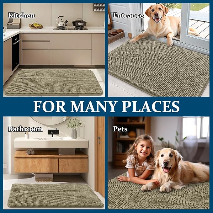 OLANLY Dog Door Mat for Muddy Paws 70x46, Absorbs Moisture and Dirt, Absorbent Non-Slip Washable Doormat, Quick Dry Chenille Mud Mat, Entry Indoor Entryway Carpet for Inside Floor, Warm Taupe