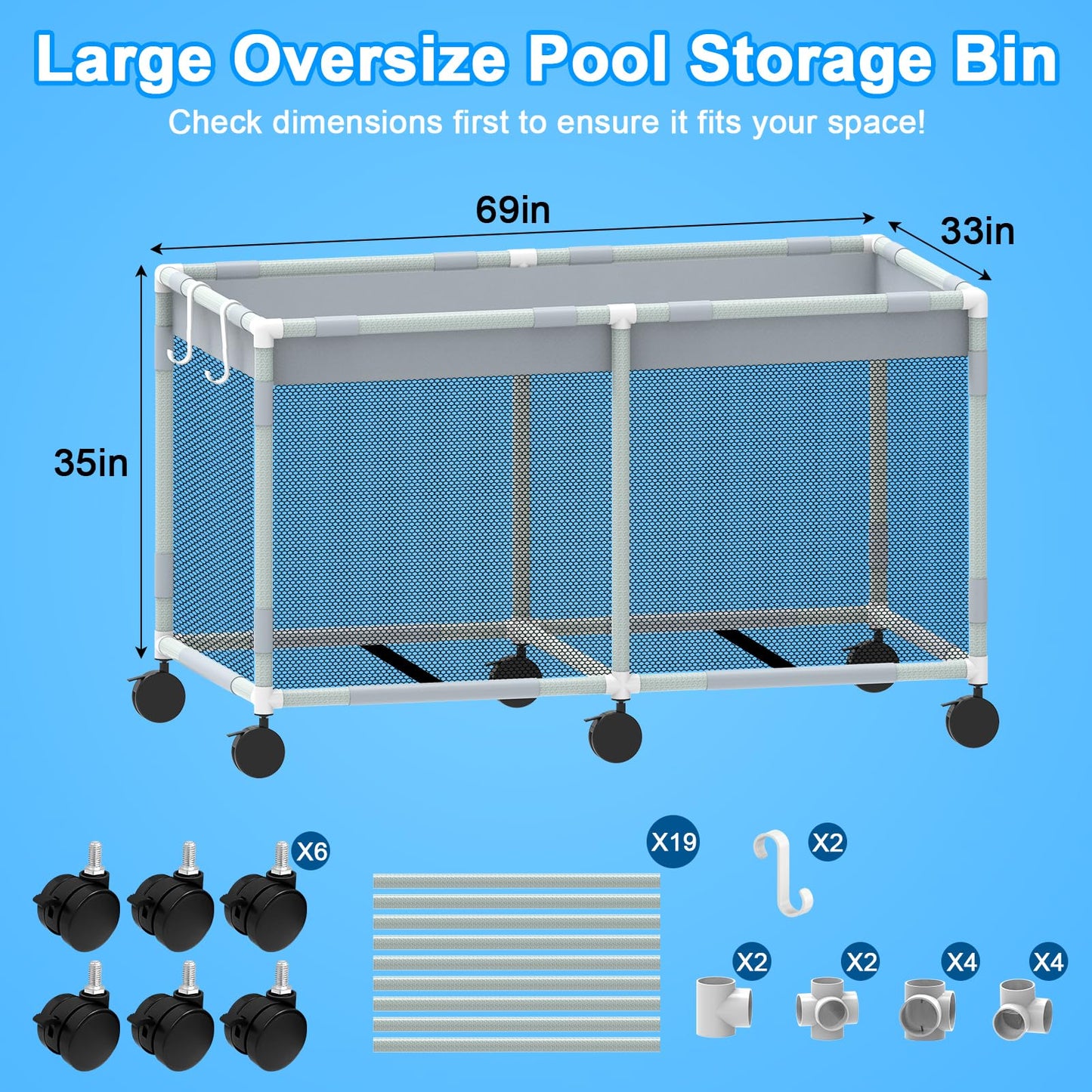 285 Gallon 69" Pool Float Storage – XXL Large Outdoor Pool Toy Storage Organizer for Pool Noodles, Toys, Floats, Equipment, Mesh Rolling Pool float Holder for Swimming Accessories, 69Lx33Wx35H Inch