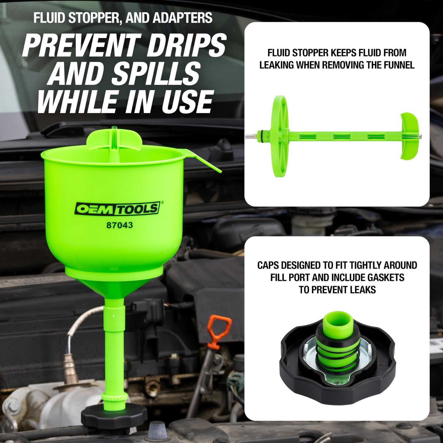 OEMTOOLS 87043 No-Spill Professional Quality Coolant Funnel Kit, Easily Fill Antifreeze Coolant Set Includes 5 Adapters, Extensions, and Automotive Funnel, Air Venting, Drip-Free, Green