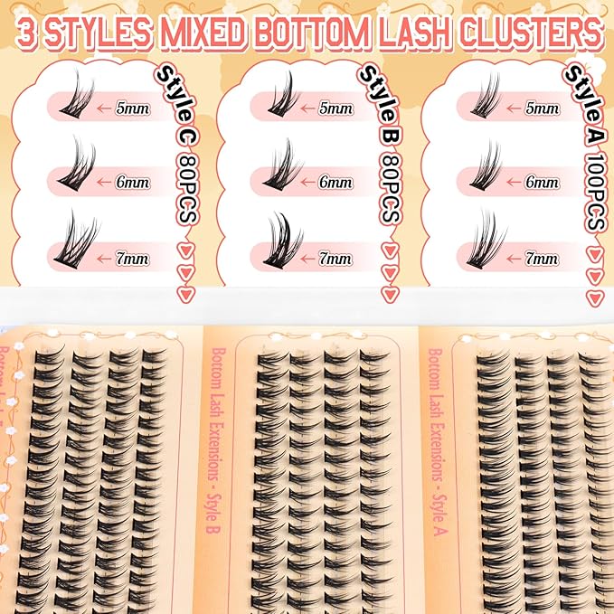Bottom Lashes Clusters DIY Eyelash Extension 3 Styles Lower Eyelash Clusters Bottom Individual Lashes 5-7mm Thin Band Natural Bottom Lash Clusters 260pcs DIY Entire Lash Extensions by calphdiar