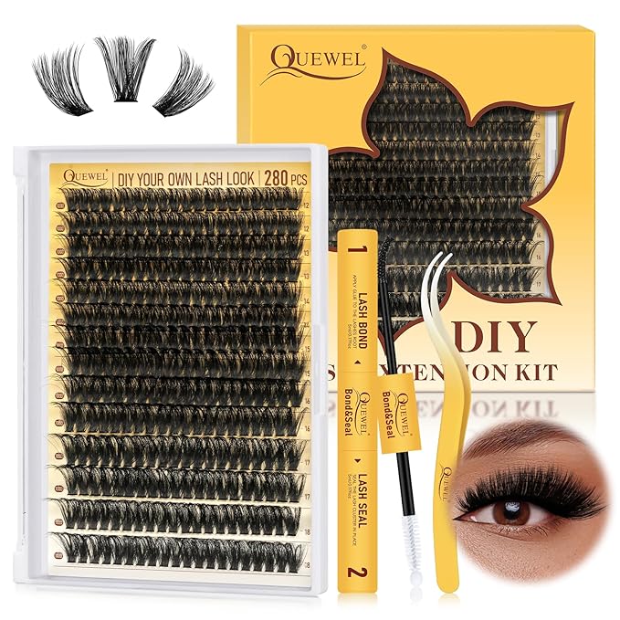 QUEWEL Lash Clusters Kit, 320Pcs 100D Lash Cluster Eyelash Extensions Mix 12-18mm 3D Eyelash Clusters with Lash Bond and Seal and Lashes Tweezers Easily Create 3D Lashes Clusters at Home(100D Kit)