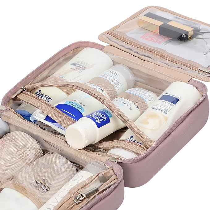 NISHEL Travel Toiletry Bag for Women, Makeup Essentials Organizer, Hanging Case for Accessories, Cosmetics, Medium Size, Peach-Pink
