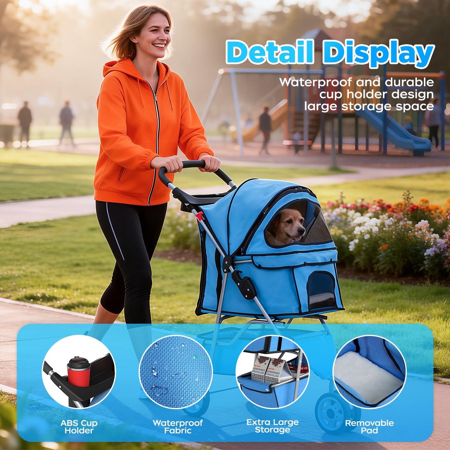 BestOffice Pet Stroller for Small Medium Dogs & Cats, 3-Wheel Foldable Dog Stroller with Cup Holder, Lightweight Travel Carrier, Waterproof Design for Outdoor Walks, Blue