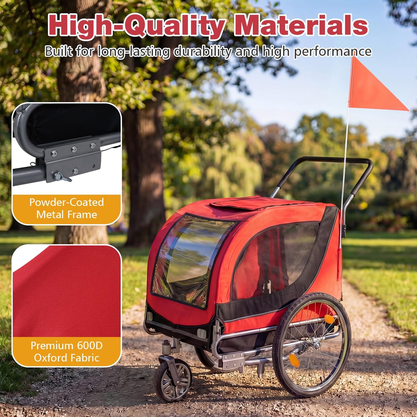 Giantex 2-in-1 Dog Bike Trailer & Pet Stroller for Large Dogs – Foldable Pet Carrier Cart with Front Caster & 2 Air-Filled Tires, Breathable Mesh, PVC Rain Cover, 176 lbs Capacity (Red)