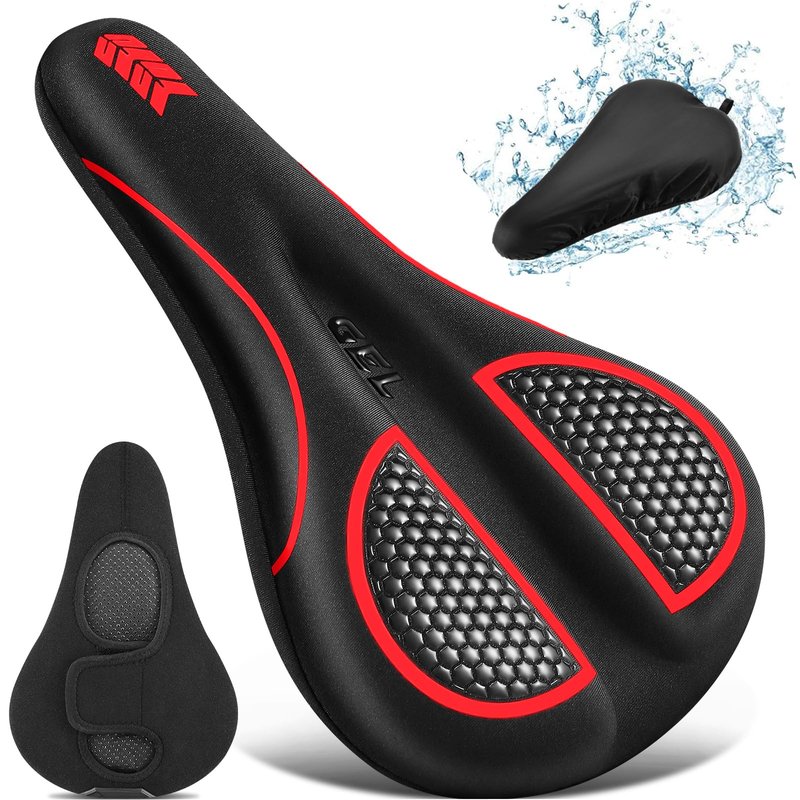 Bike Seat Cushion - Gel Padded Bike Seat Cover for Men Women Comfort, Extra Soft Exercise Bicycle Seat Compatible with Peloton, Outdoor & Indoor with Adjustable Velcro Secure Red
