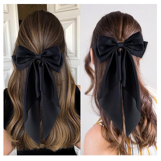 6Pcs Large Bows Hair Clips for Women Girls Long Tail Hair Ribbon Silky Satin Barrettes Coquette Hair Bows Accessories (Black)