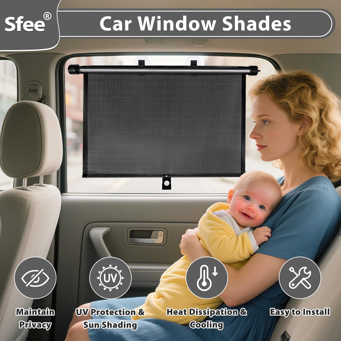 Sfee Car Window Shades for Baby-2 Pack Retractable Side Window Car Sun Shade Blocks UV Rays & Heat for Sun Protection Roller Sunshade Visor Window Shade for Kids,Passengers,Pets (20''x22'')