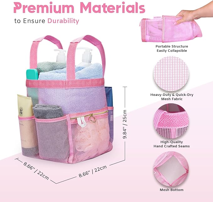 DV Lifestyle Mesh Shower Caddy Dorm, 7 Pockets & 1 with Zipper, Shower Tote with Padded Handles, Travel Portable, Shower Caddy College Room Essentials, Bathroom Shower Bag (Pink)