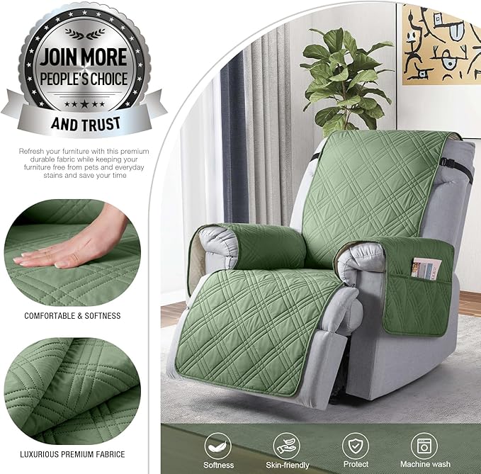 TAOCOCO 100% Waterproof Recliner Chair Cover, Non Slip Recliner Covers for Recliner Chair with Pocket, Washable Reclining Chair Cover Furniture Protector for Kids,Dogs(23.6'', Bean Green)