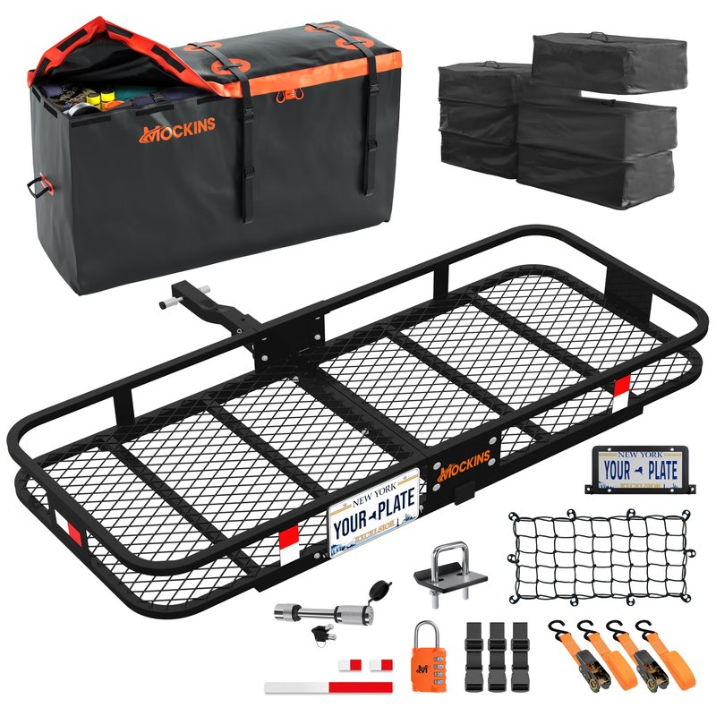 Mockins 60"x24"x6" Heavy Duty Trailer Hitch Cargo Carrier with 30 Cu Ft Waterproof Cargo Bag for Hitch Carrier & 6 Packing Cubes | 500 Lbs. Capacity Folding Luggage Rack for SUV, Car, Truck, & RV