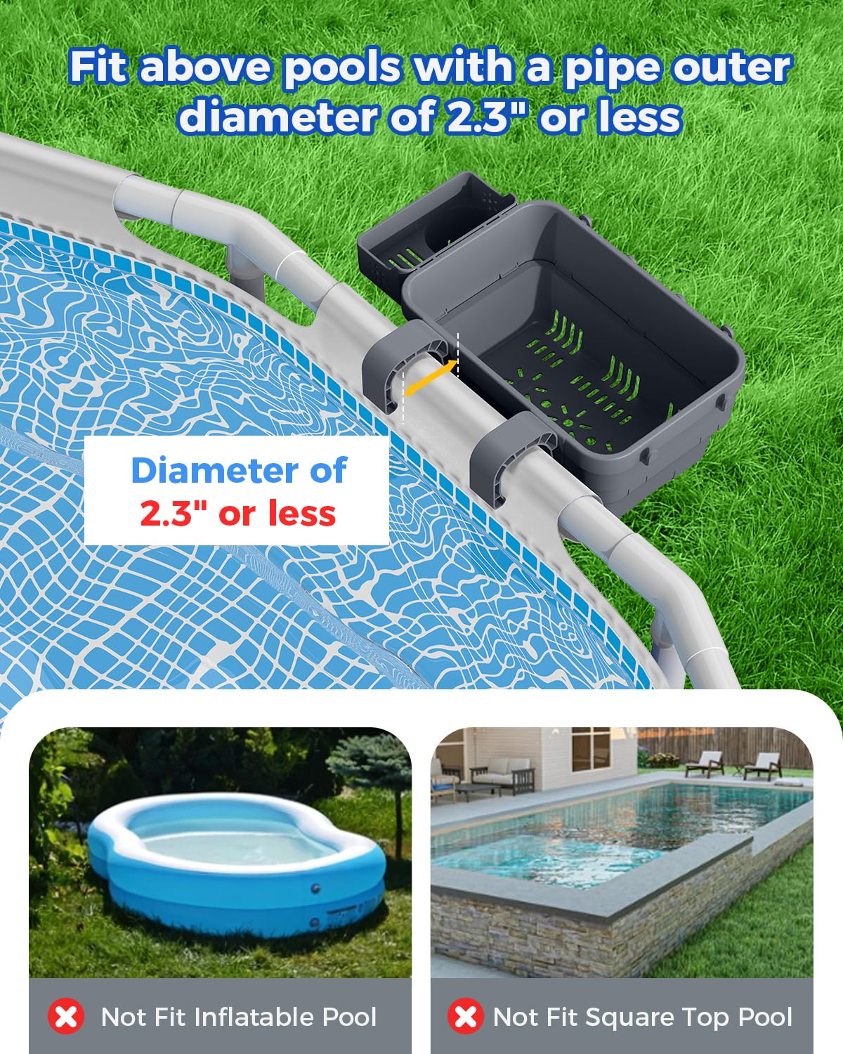 VICHTOP 2026 Upgrade 2 Sets Poolside Storage Basket, Above Ground Pool Accessories, Swimming Pool Storage Basket with Cup Holder, Mesh Bag and Support Bar to Organize Towel Pool Toy