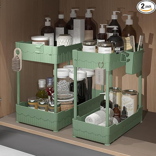 Sevenblue 2 Pack Under Sink Organizer, Under Bathroom Cabinet Organizer with Hooks Hanging Cup, Multi-Purpose Storage Shelf for Kitchen Bathroom (Green, 12.8 Inch)