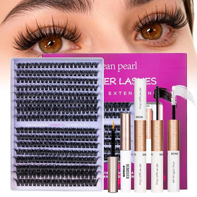 Ocean Pearl Lash Clusters 320pcs 3D Thick Lash Clusters kit 60D+80D Lashes,Eyelashes,Lash Extension Kit,Eyelash Clusters with lash adhesive+sealer+remover+tweezers,Lashes Clusters Eyelash Extensions