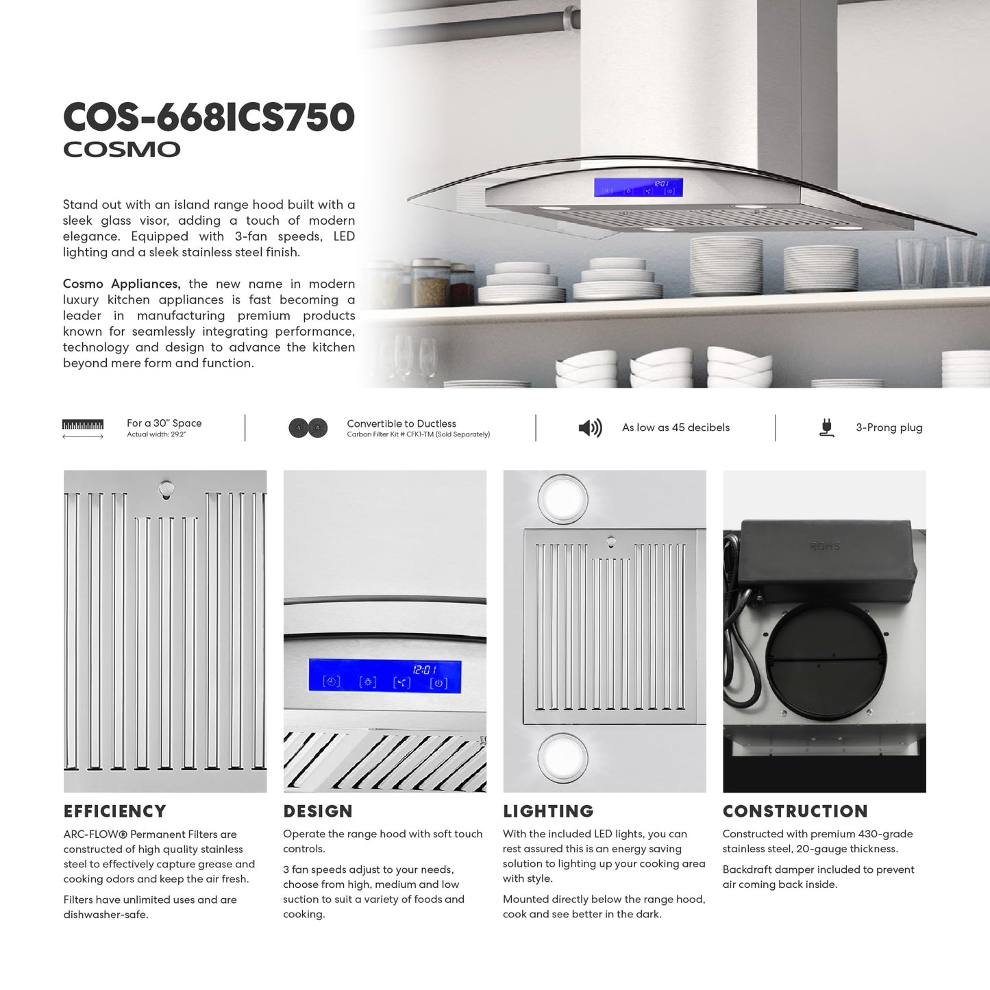 COSMO COS-668ICS750 30 in. Lumin Collection 380 CFM Ducted Island Range Hood, Soft Touch Controls, LED Lights, Stainless Steel