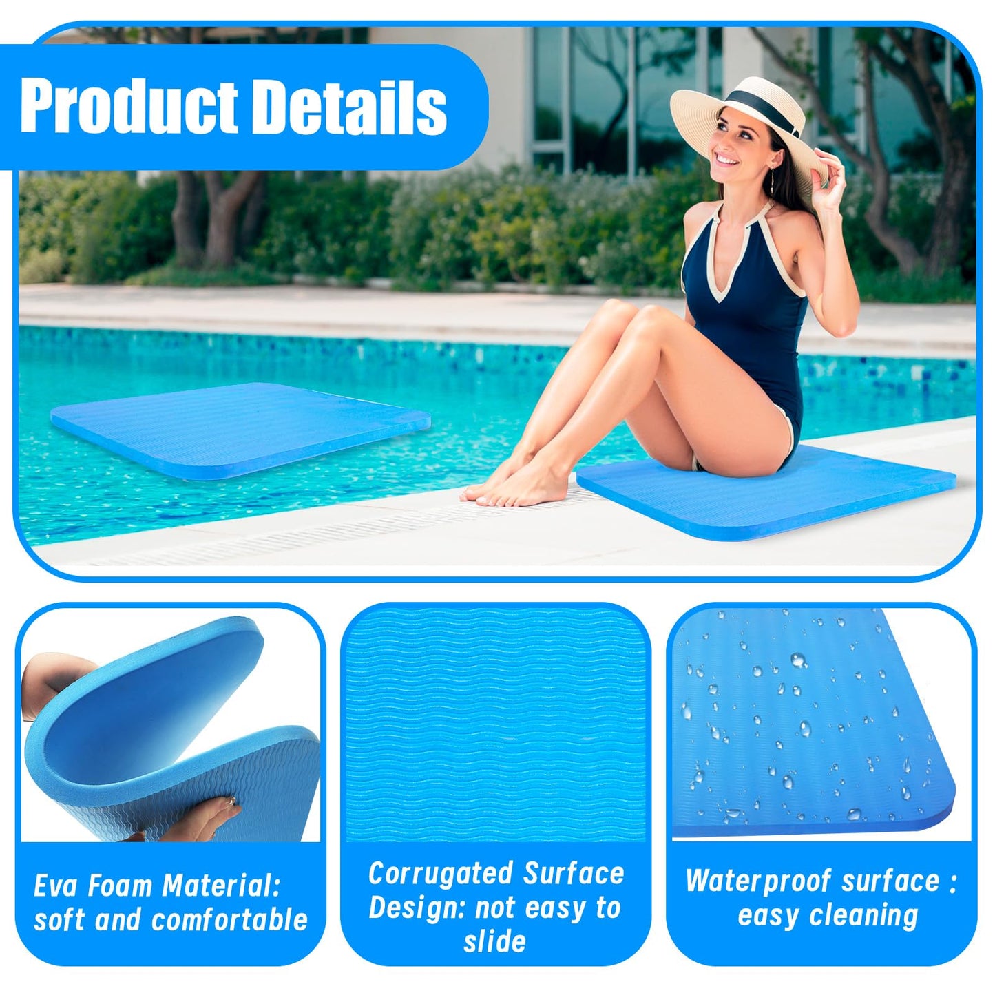 Verdanzia 4PCS Pool Seats for Edge of Pool, 17x13 Inch Eva Foam Pool Cushions for Side of Pool, Anti Slip Poolside Seating Mat, Multifunction Poolside Accessories for Summer Outdoor Beach (4, Blue)