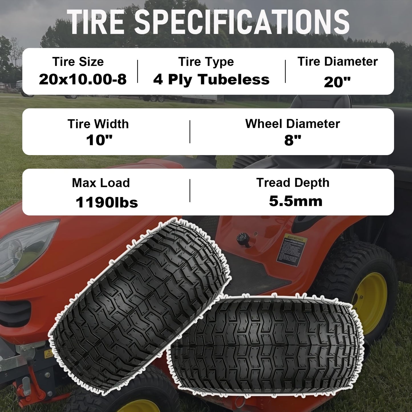 2Pcs 20x10.00-8 Lawn Mower Tires, Rear Tire and Wheel Assemblies for Riding Lawn Mowers, 4-Ply Tubeless Turf-Friendly Tires with 3/4" Borehole, 3.5" Offset Hub and 3/16" Keyway, 1190LBS Load Capacity