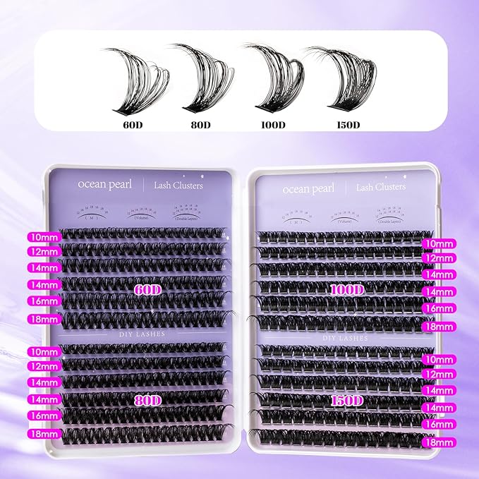 Ocean Pearl Lash Clusters Kit 564 pcs, Eyelashes, spike-effect cluster lashes 60D/80D/100D/150D (10-18 mm) DIY lash extension kit, manga-/anime-inspired Cluster Eyelash Extensions with lash bond+seal