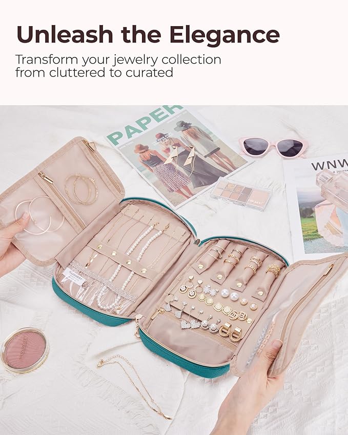 BAGSMART Travel Jewelry Case, Jewelry Organizer for Women Zipper Rings Holder Storage Pouch for Rolls Necklaces,Stud Earrings,Bracelets,Teal