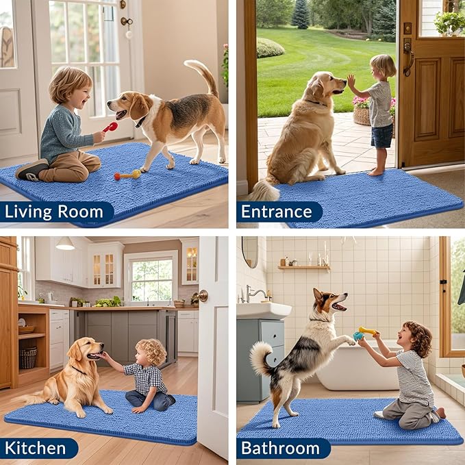 Smiry Dog Door Mat for Muddy Paws 30x20, Absorbs Moisture and Dirt Doormat, Non-Slip Washable Quick Dry Chenille Front Door Mat Indoor Entrance, Entryway Carpet for Inside Floor, Cornflower Blue