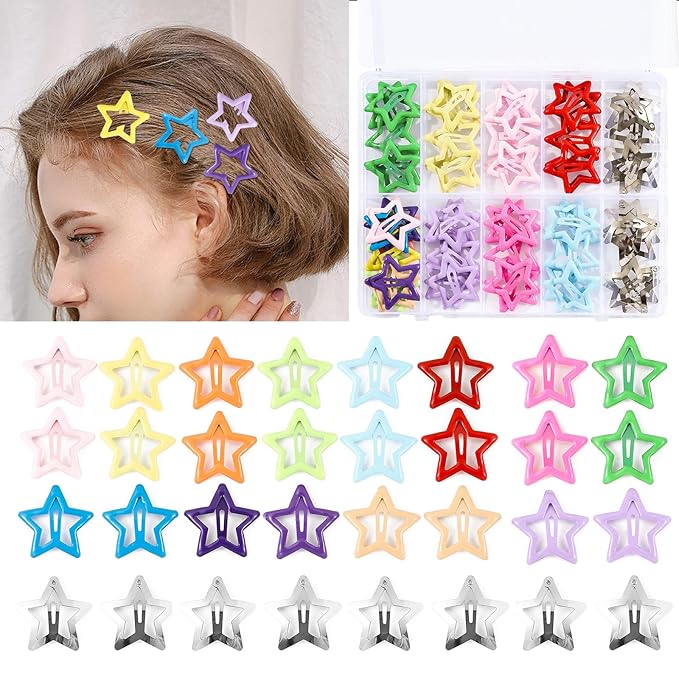 55pcs 1.22" Star Hair Clips Cute Hair Clips for Girls Colorful Metal Snap Hair Barrettes for Women Star Hair Accessories for Daily Party