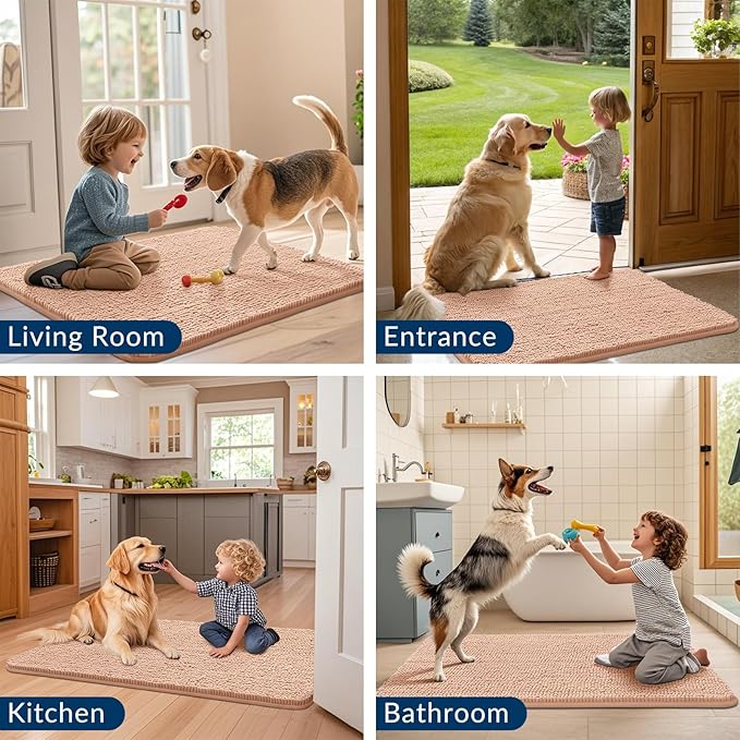 Smiry Dog Door Mat for Muddy Paws 47x32, Absorbs Moisture and Dirt Doormat, Non-Slip Washable Quick Dry Chenille Front Door Mat Indoor Entrance, Entryway Carpet for Inside Floor, Peach