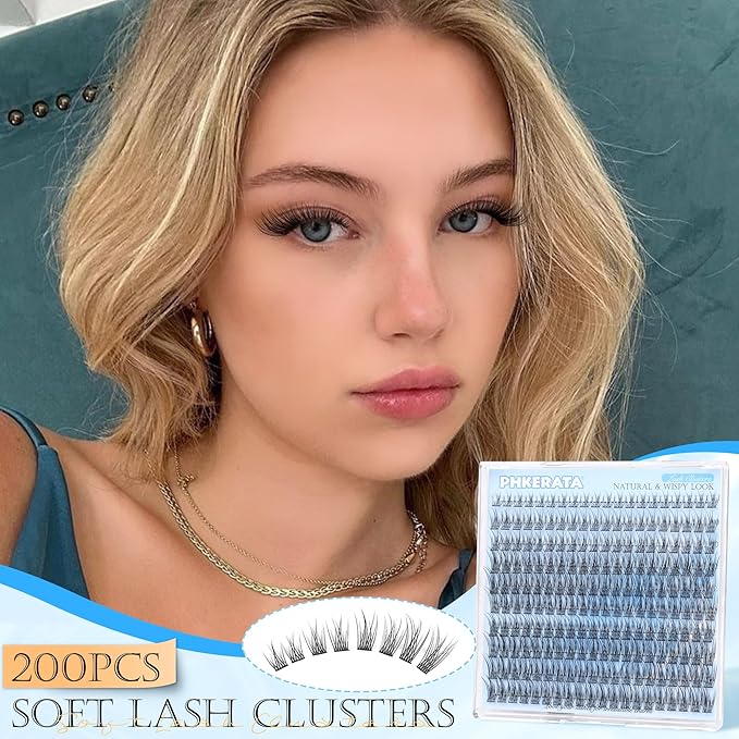 PHKERATA Natural Lash Clusters Wispy Eyelash Clusters 200Pcs Lashes Clusters C Curvature Individual Lashes DIY Cluster Eyelash Extensions with Soft Lash Band, 9-14 mm Mix