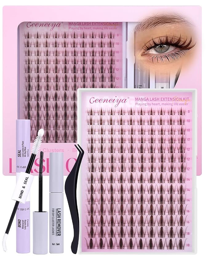 Geeneiya BROWN MANGA Lashes Clusters Kit DIY Lash Extension, 8-18MM Invisible Band Lash Clusters, Soft C Curl Cluster Eyelash Extensions Kit with Waterproof Lash Bond and Seal, Lash Remover, Tweezers