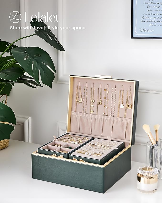Lolalet Jewelry Box Organizer for Women Girls, 2 Layer Jewelry Organizers and Storage for Necklace Earrings Rings Bracelets, Large Jewellery Holder Case Birthday Valentine Gifts -DarkEmerald