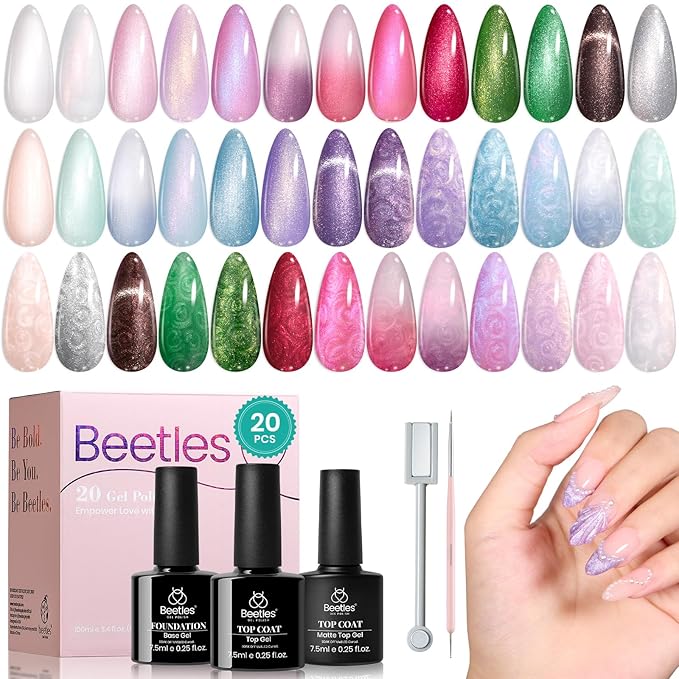 Beetles Pearl Gel Nail Polish Set - Ocean Treasures 20 Colors Spring Glitter Cat Eye Pink Red Mermaid Swirl Thread Effect Gel Polish Soak off UV Nail Gel Home DIY Manicure Gift for Women