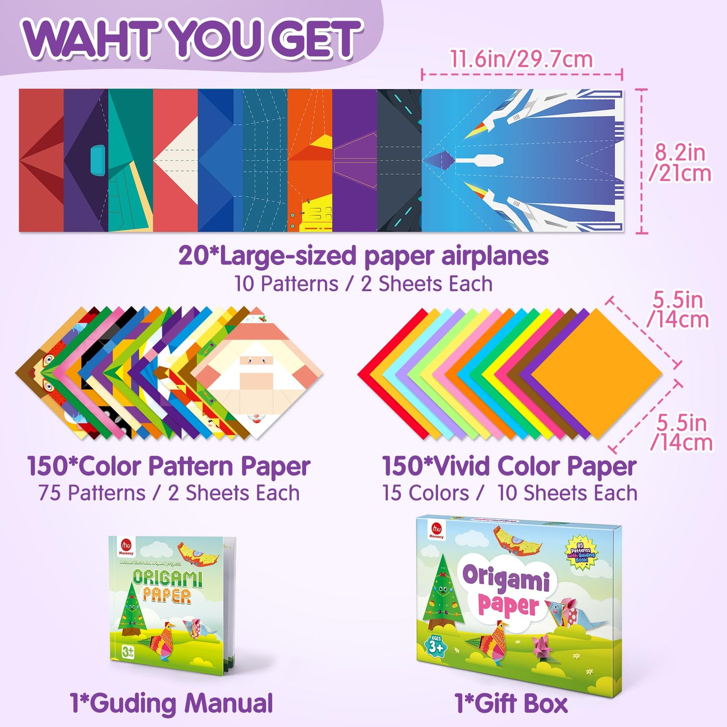 Mocoosy 320 Sheets Origami Kit for Kids Ages 5-8 9-12, Folding Paper Set with Origami Book & Paper Airplane, DIY Art Craft Project for Boys Girls, Travel Game Airplane Car Road Trip Activity Toy Gift