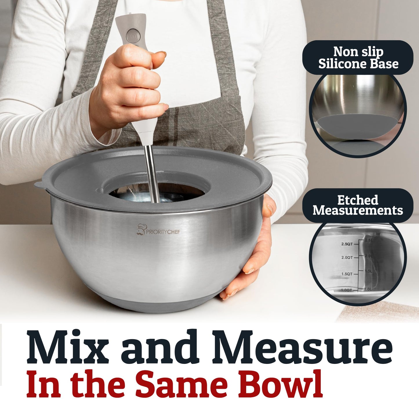 Priority Chef Stainless Steel Mixing Bowls with Lids Set, 3 Grater Attachments, Airtight Lids, Non-Slip Silicone Base Mixing Bowl Set, Large Prep Metal Mixing Bowls for Kitchen, Grey